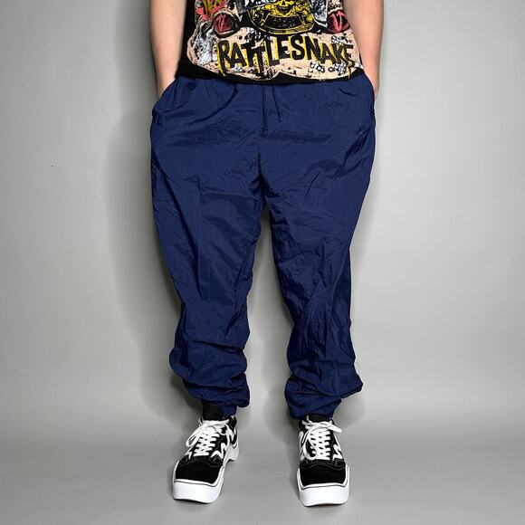 Vintage Nike Track Pants Navy Blue Nylon Joggers Subtle Embroidered Swoosh 90s - Picture 3 of 5